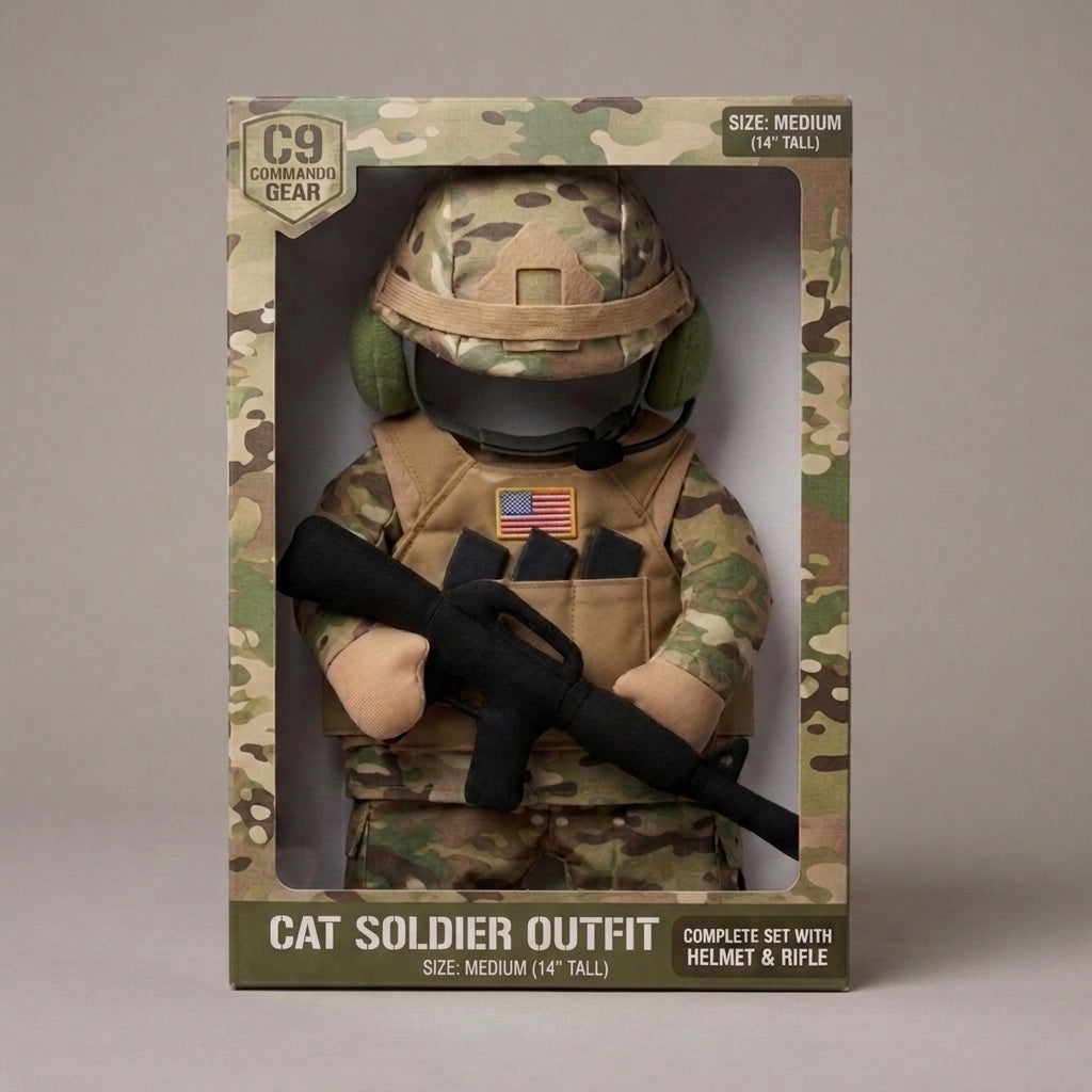 Cat Soldier Outfit packaged with helmet and uniform
