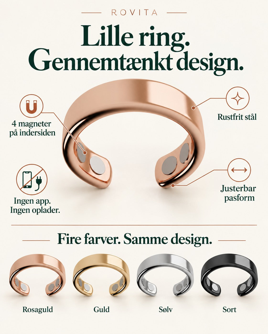 Fire magneter, justerbar pasform og fire farver