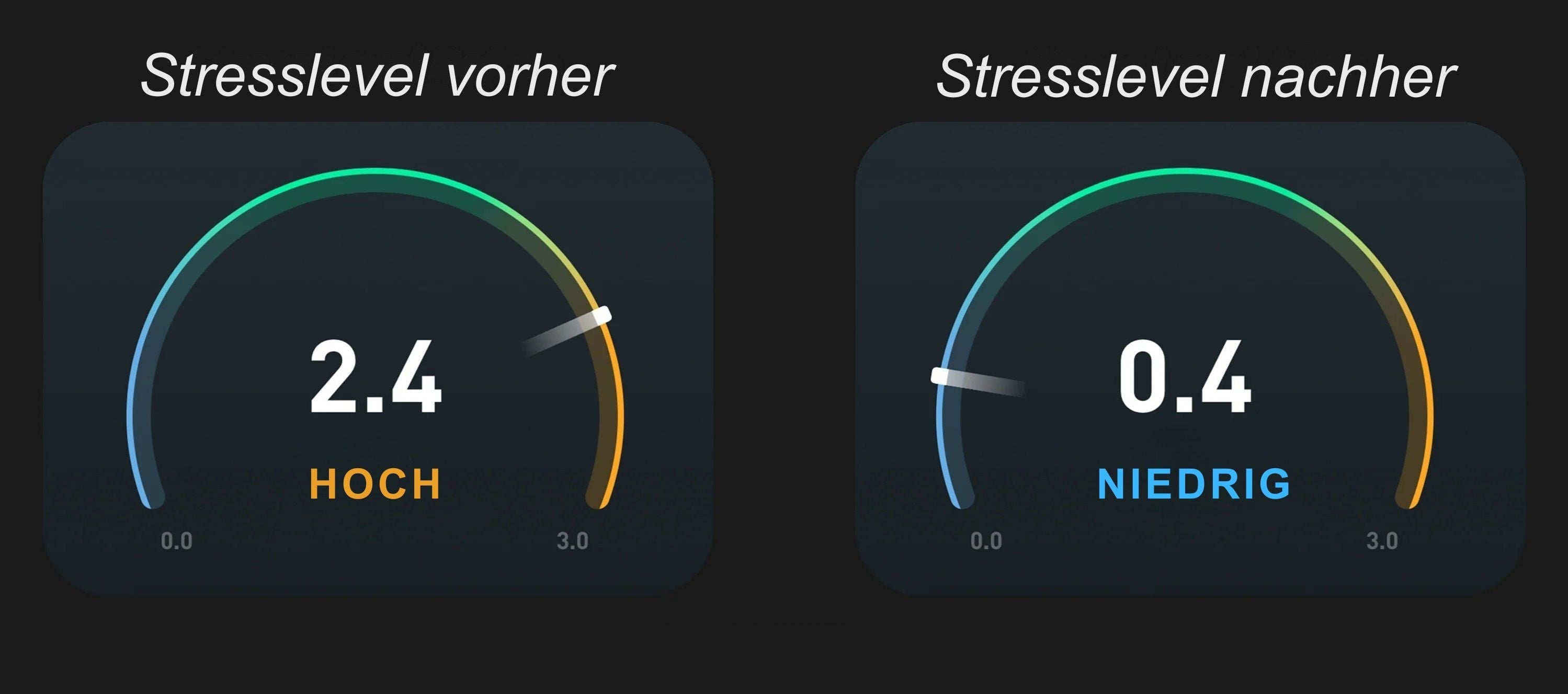 Originalproduktets tracker-eksempel: stressniveau 2,4 før og 0,4 efter.