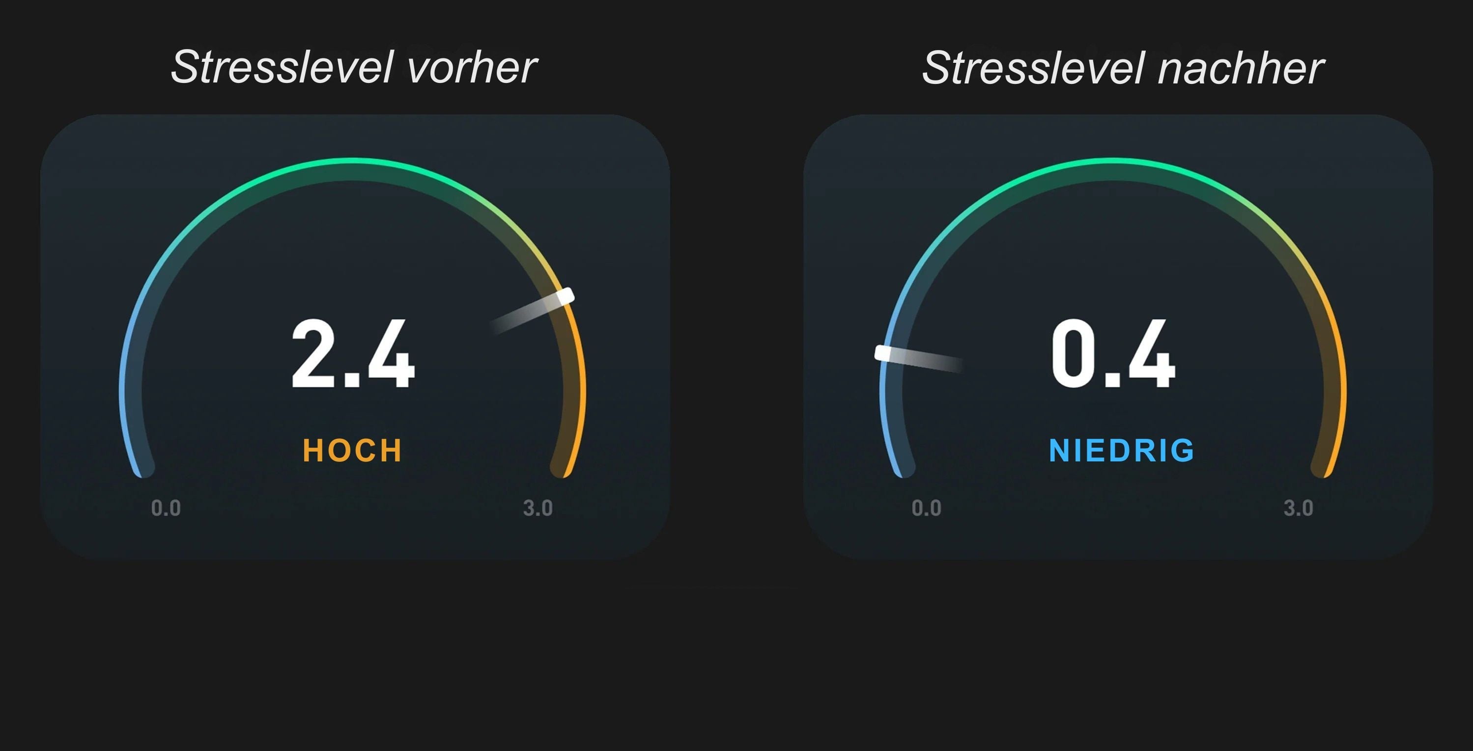 Originalproduktets tracker-eksempel: stressniveau 2,4 før og 0,4 efter.